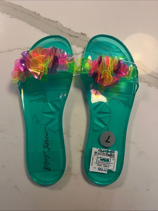 Betsey Johnson Shoes - Betsey Johnson Green Jelly Slide Sandals with Neon Floral Accents